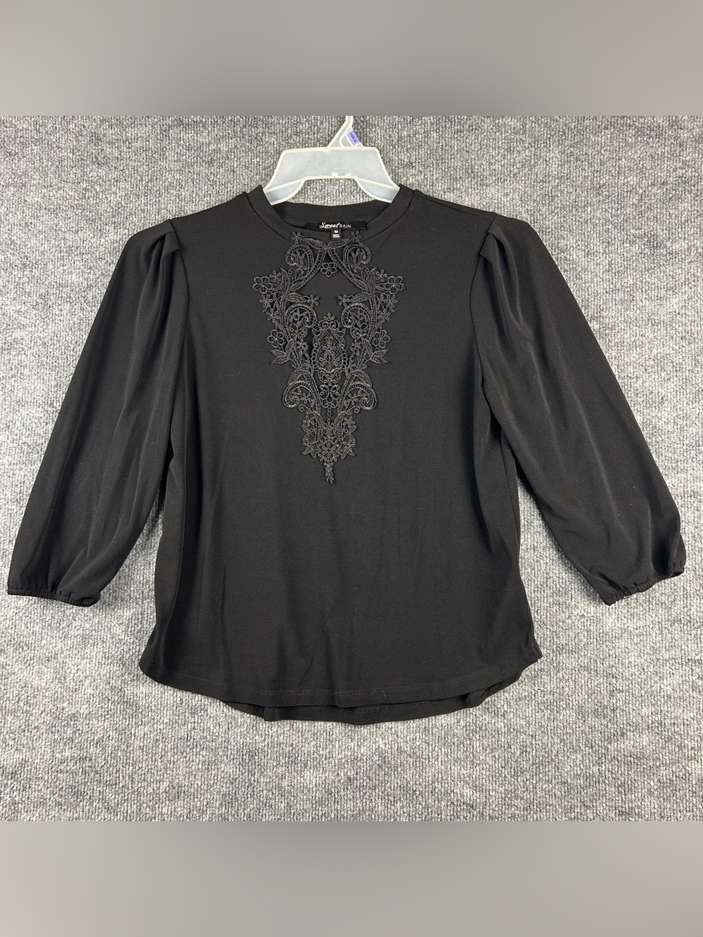 Sweet Rain Black Corded Lace Cutout Applique Puff 3/4 Sleeve Blouse Size Medium